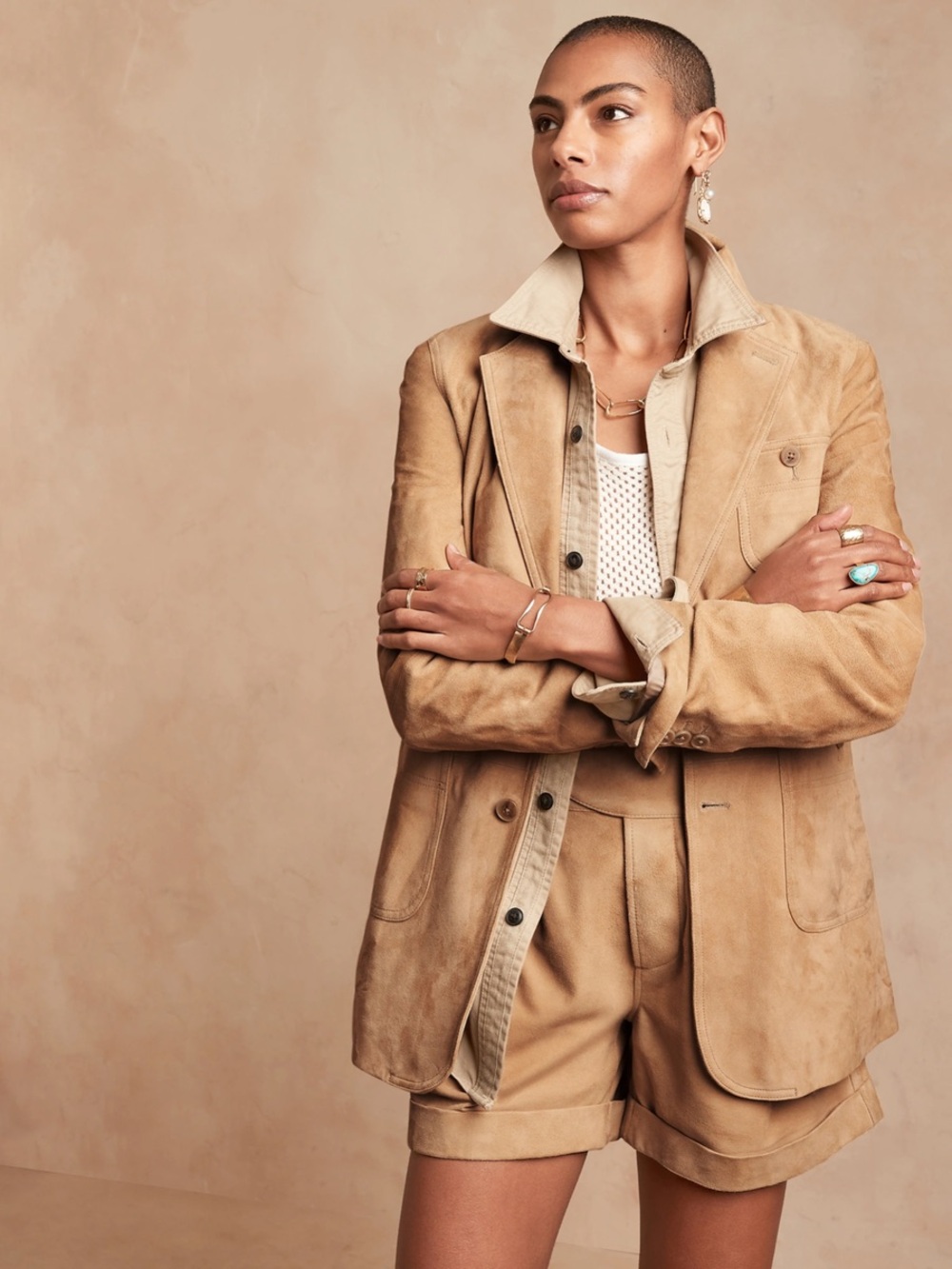 Suede Blazer Jacket in Tan